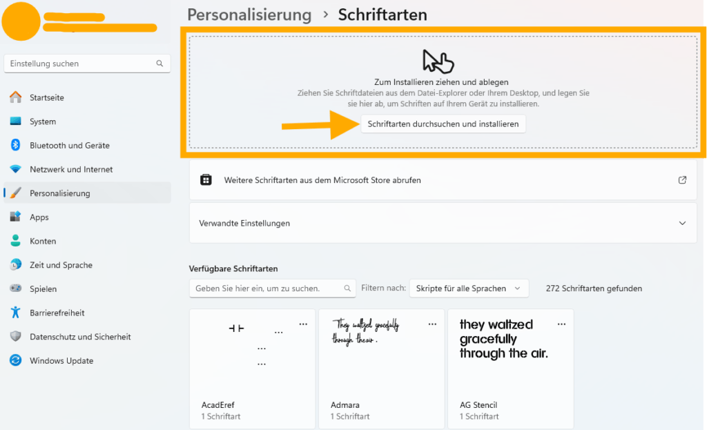 Windows 11 Menü "Personalisierung" > "Schriftarten"