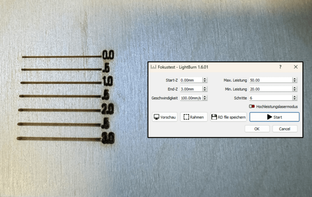 Fokus einstellen am Laser mit dem Lightburn Fokustest. Dieser hat sehcs Linien mit unterschiedlichen Abständen graviert. Die Linien werden von 0.0mm bis 3.0mm immer dicker und die Schrift unleserlich.