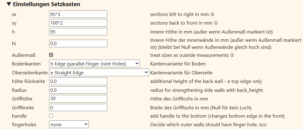 Tabellarische Einstellungen für einen Setzkasten in Boxes.py