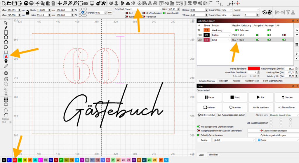 Lightburn Screenshot mit Einstellungen für Stencil Schrift