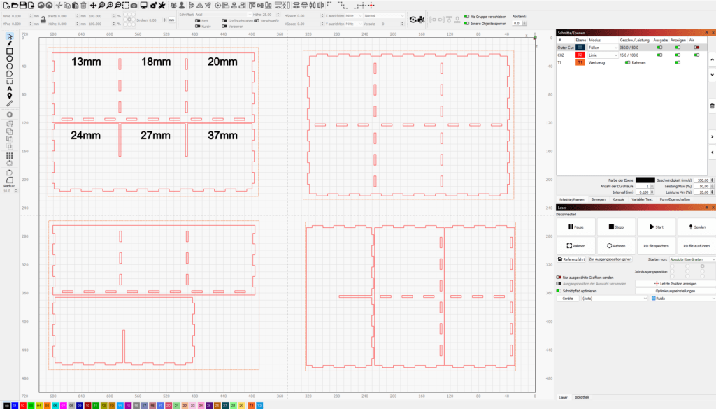 Lightburn Oberfläche mit vier DIN A4 Seiten auf denen die Teile von Boxes.py sortiert sind.